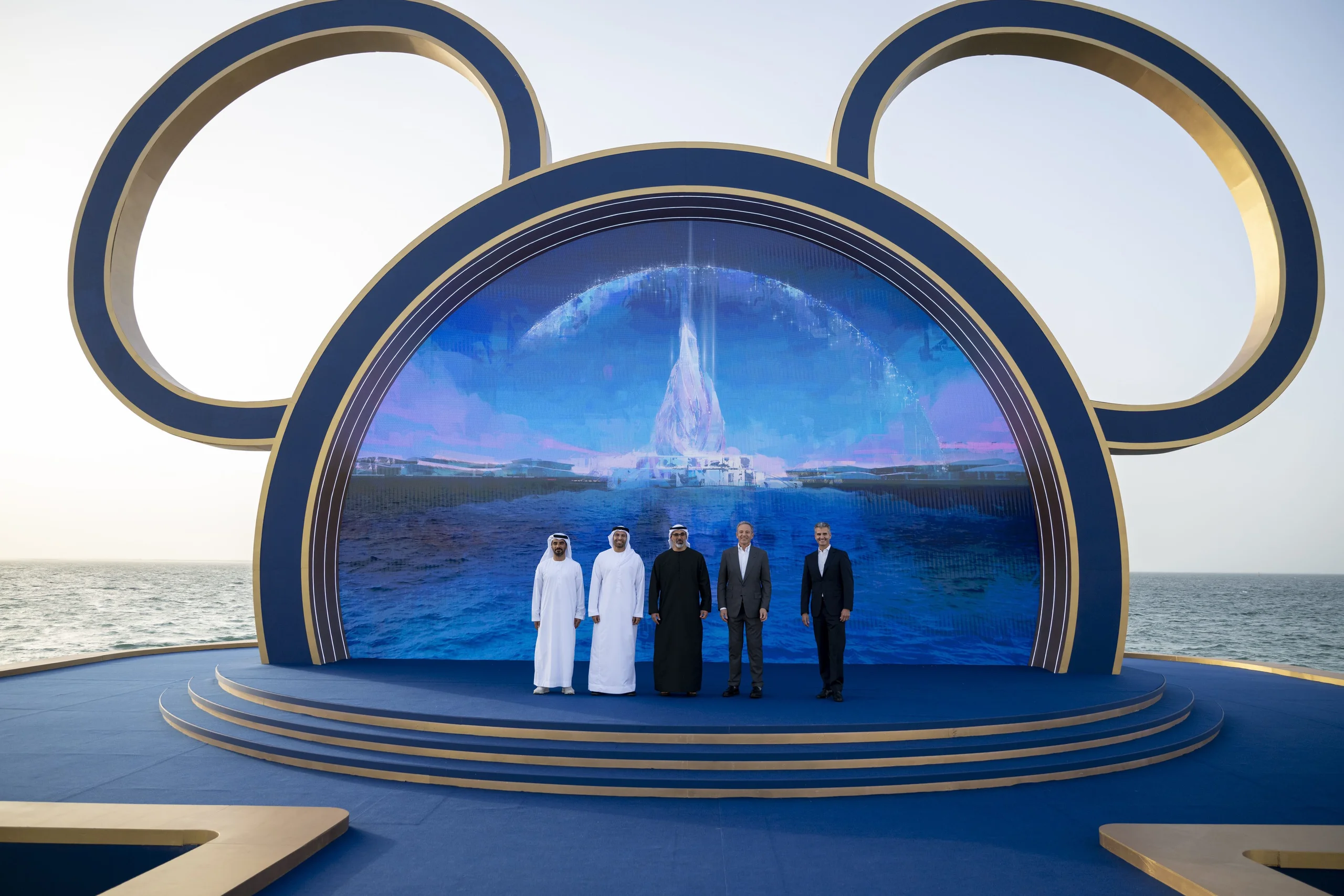 Pictured from left to right, Mohamed Abdalla Al Zaabi, CEO of Miral, His Excellency Mohamed Khalifa Al Mubarak, Chairman of Miral, His Highness Sheikh Khaled bin Mohamed bin Zayed Al Nahyan, Crown Prince of Abu Dhabi, Robert A. Iger, CEO of the Walt Disney Company, Josh D’Amaro, Chairman, Disney Experiences.