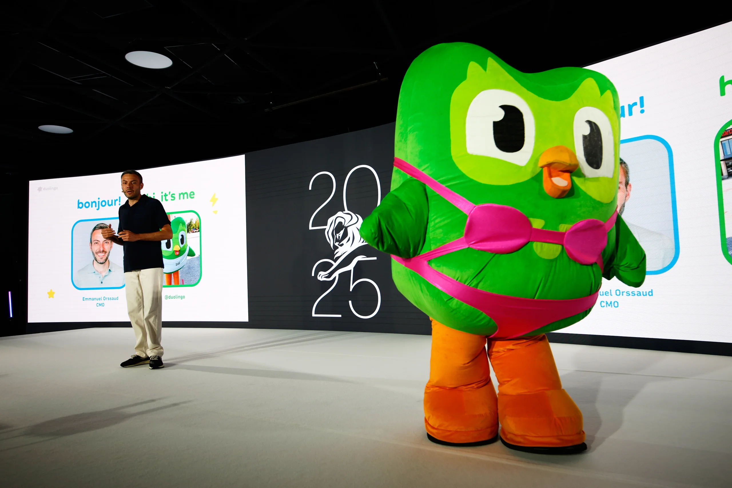 Duo and Duolingo's chief marketing officer Emmanuel Orssaud, Cannes Lions 2025, Courtesy of Getty, France